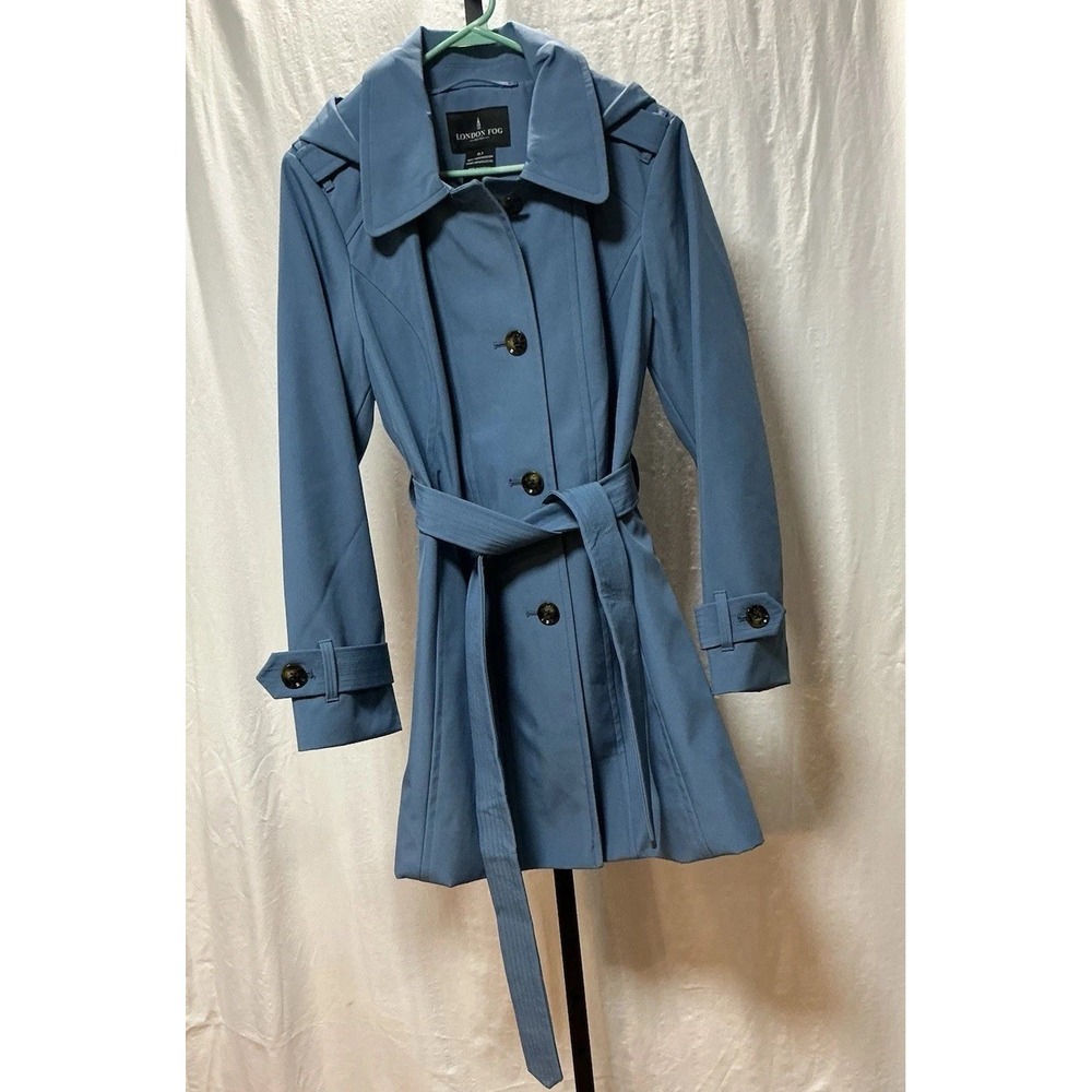 London Fog Women's L Trench Coat Lunar Blue Hooded Belted Raincoat NWT